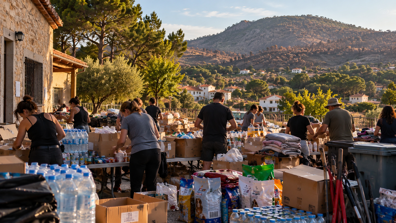 Voluntarios organizando material de ayuda en un pueblo de la Sierra Oeste